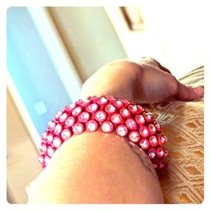 Bold Clear Rhinestone Set Pink Stretchy Bangle
